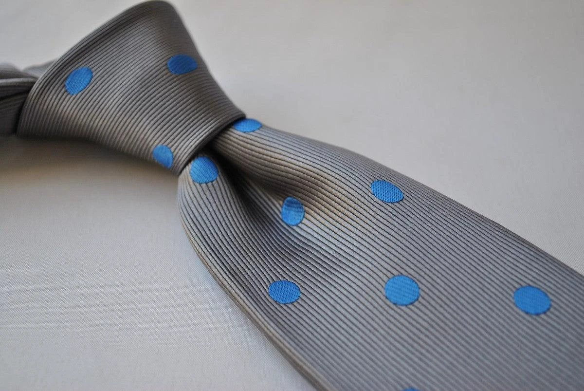 grey tie with royal blue polka dots by Frederick Thomas Handmade Mens Ties