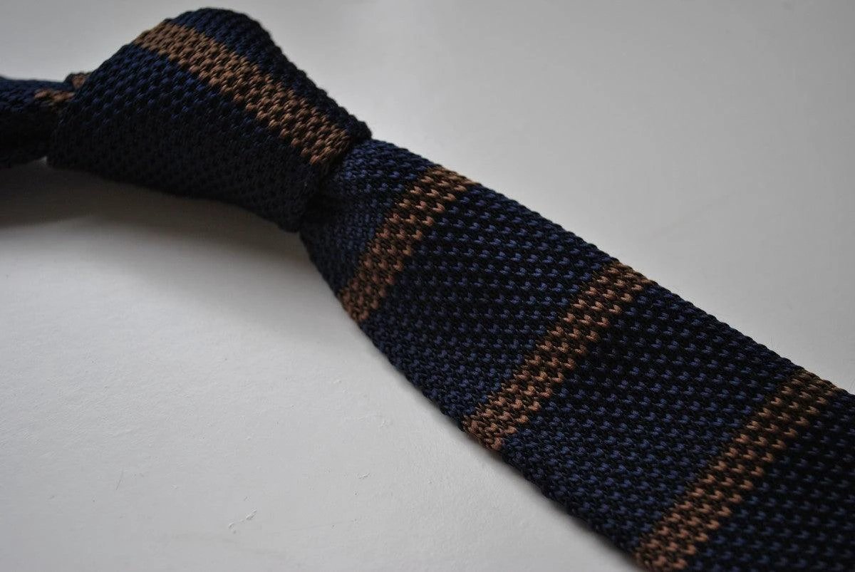 navy blue and brown striped skinny knitted tie by Frederick Thomas Handmade Mens Ties