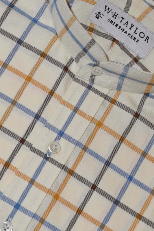 Blue, Brown & Tan Tattersall Check Poplin Men's Bespoke Shirt - Luxurious Lightweight Fabric For Sharp Everyday Style by whtshirtmakers.com