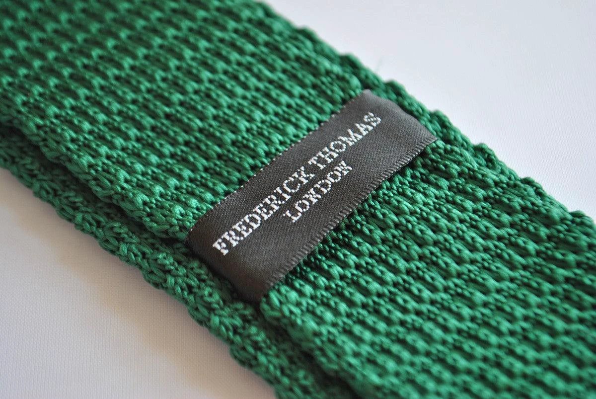 green skinny knitted tie with white tip by Frederick Thomas Handmade Mens Ties