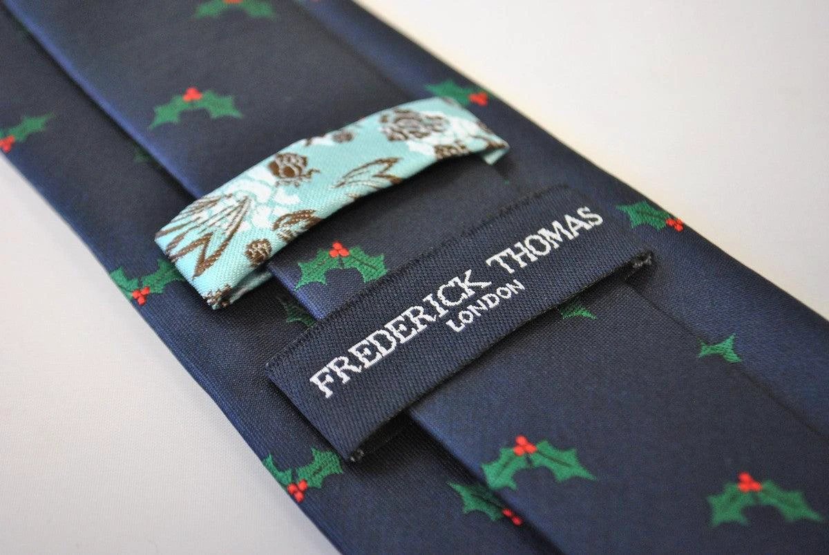 christmas range - navy christmas tie with holly design by Frederick Thomas Handmade Mens Ties