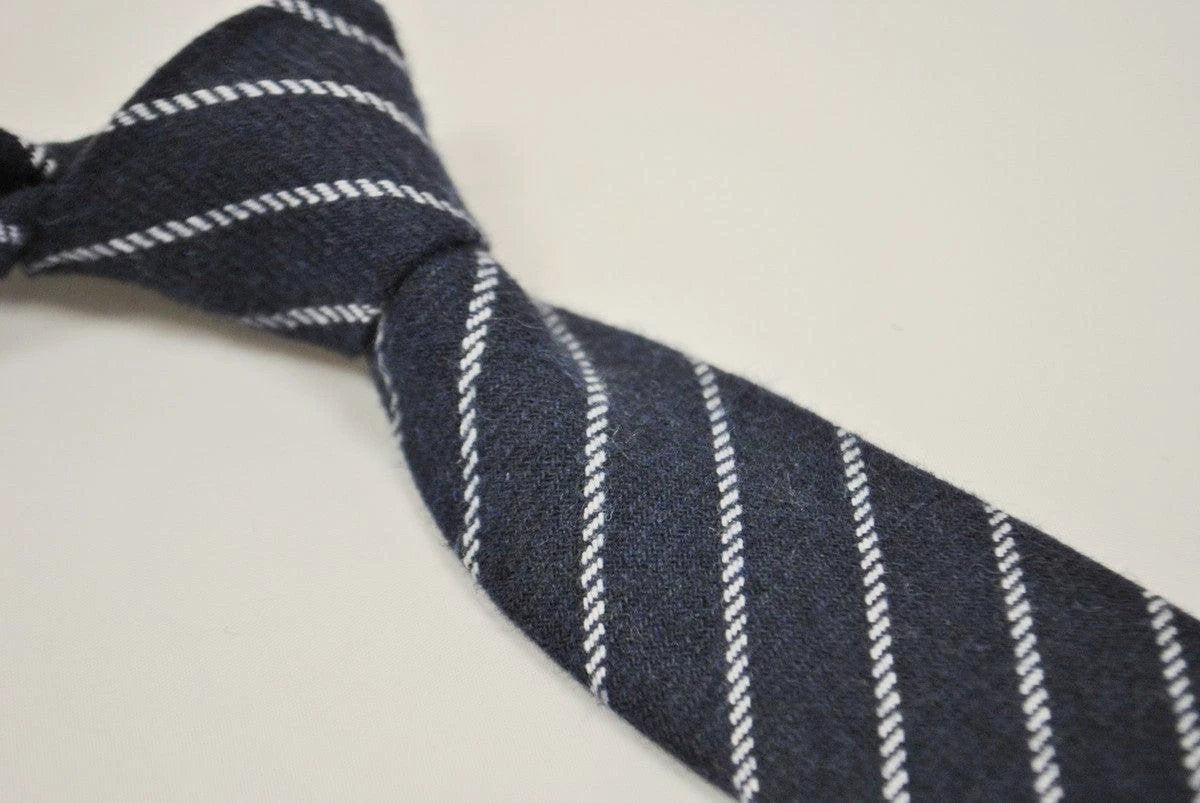 navy blue and white striped tweed wool skinny tie by Frederick Thomas Handmade Mens Ties