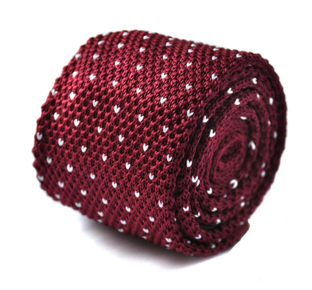 Maroon Skinny Knitted Tie with White Heart Knit Polka Dots by Frederick Thomas Handmade Mens Ties