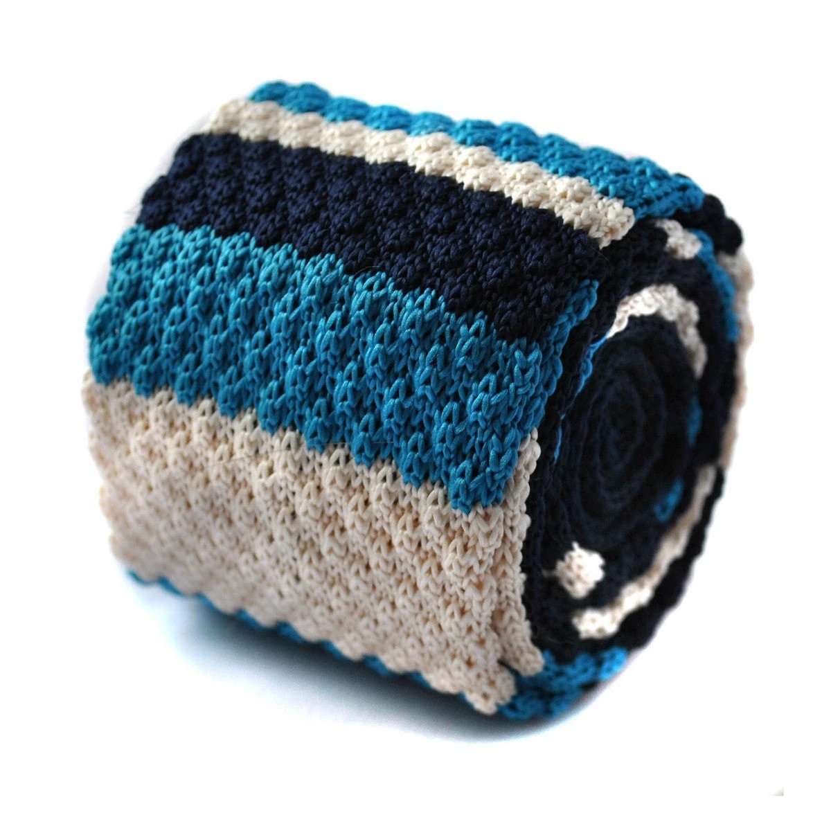 The Frederick Thomas Blue And Cream Striped Skinny Knitted Tie - Handmade Statement Piece For Luxury Professional Man by Frederick Thomas Handmade Mens Ties