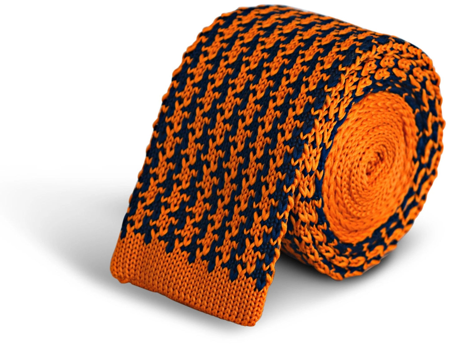 navy and orange dogtooth design knitted tie by Frederick Thomas Handmade Mens Ties