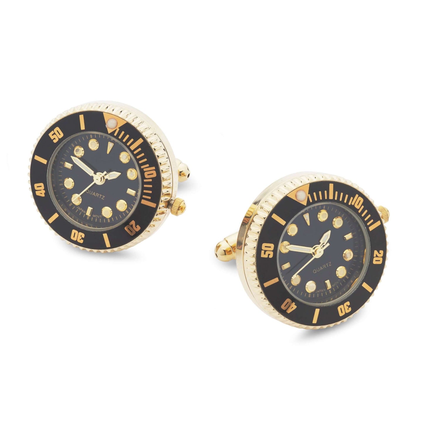 Luxury Working Watch Cufflinks in Black and Gold - Precise Quartz Movement with Crown Operation by Benson & Clegg