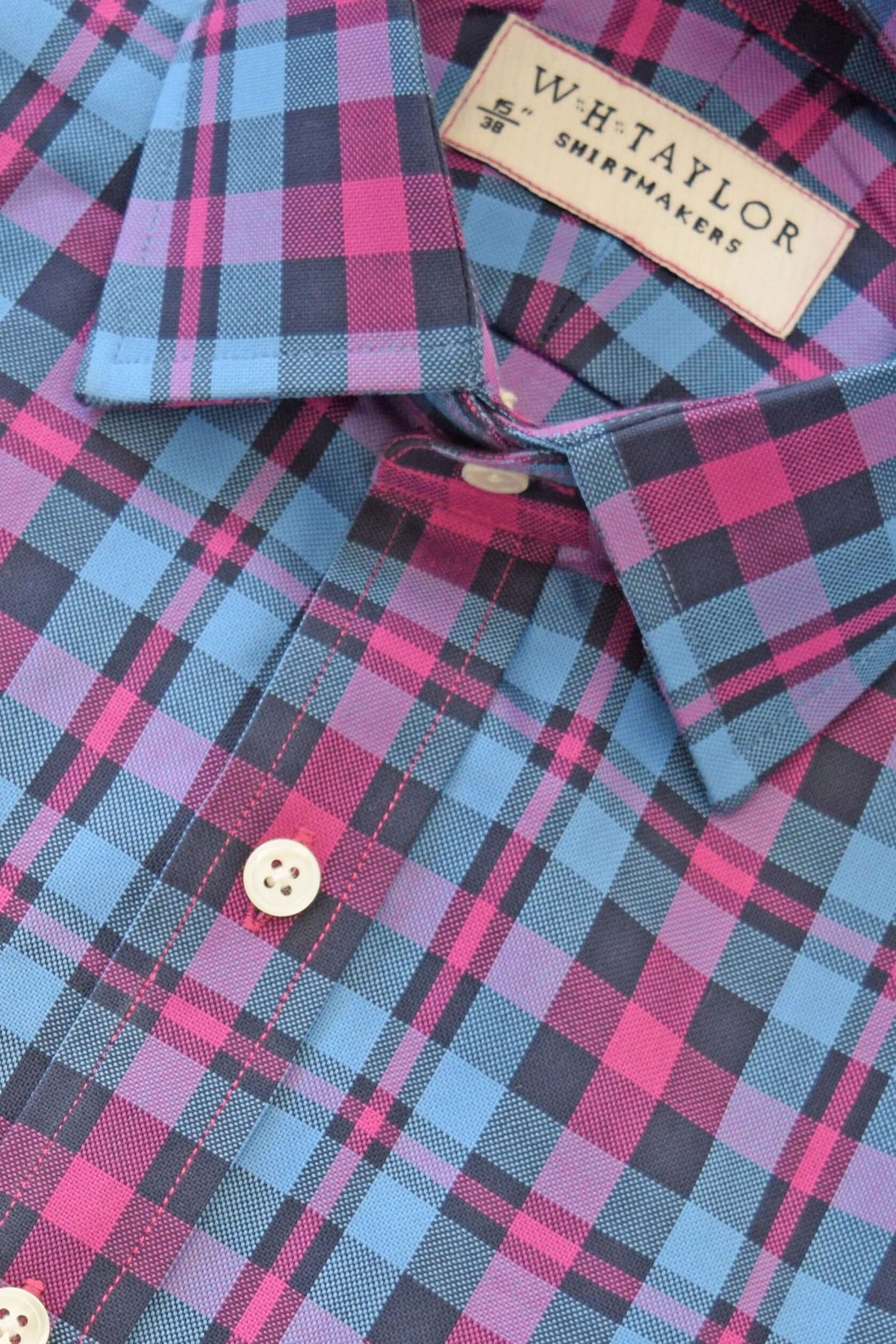 Blue & Cerise Plaid Check Twill Men's Bespoke Shirt - Vibrant Colour With Textured Twill For Versatile Styling by whtshirtmakers.com