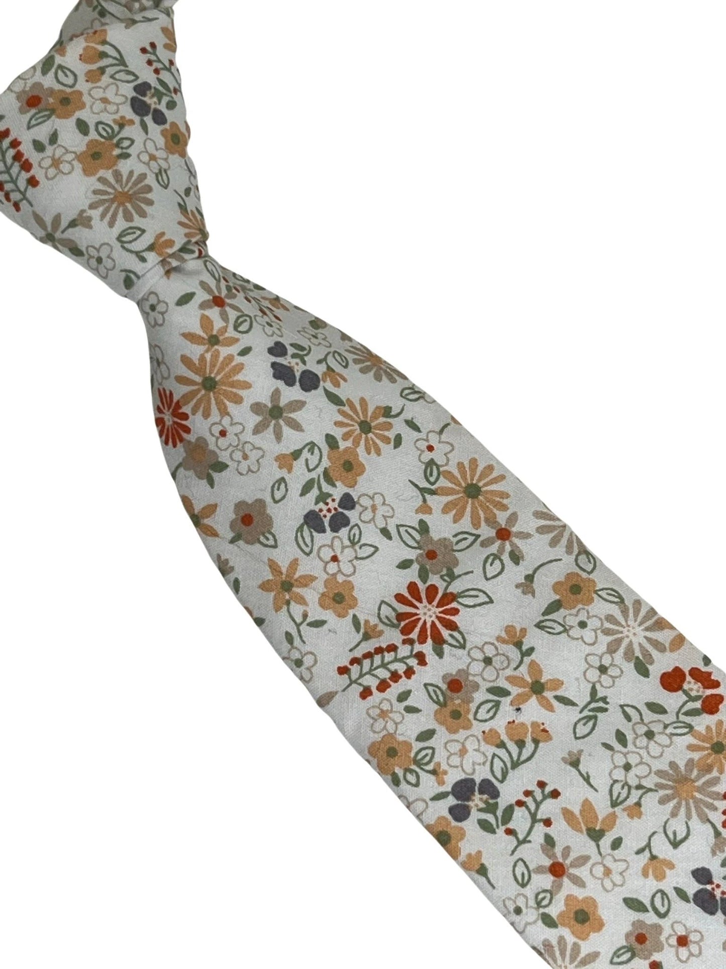 Ivory White Men’s Cotton Tie With Mustard Yellow And Red Floral Design - Handcrafted Floral Elegance For Formal Wear by Frederick Thomas Handmade Mens Ties