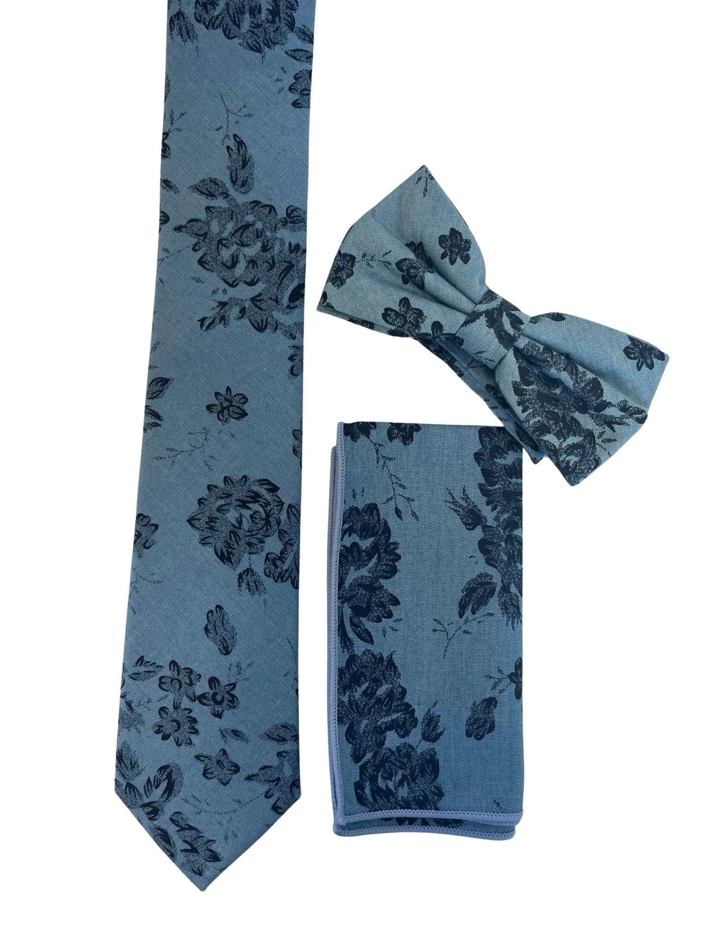 Medium Denim Blue Stencil English Wild-Flower Floral Design Cotton Tie - Handmade Statement Piece for Professionals by Frederick Thomas Handmade Mens Ties