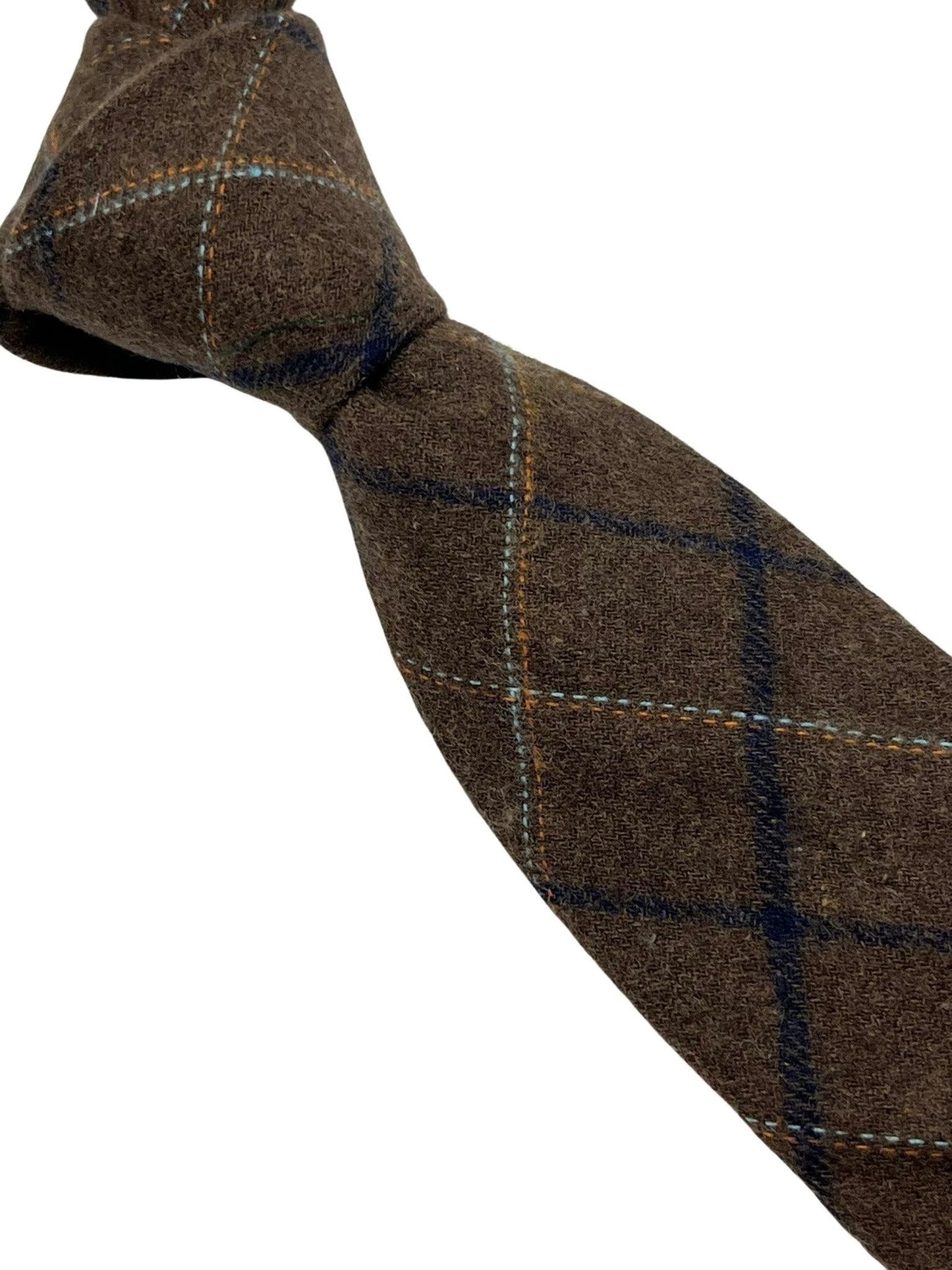 chocolate brown country tweed wool tie with blue check by Frederick Thomas Handmade Mens Ties