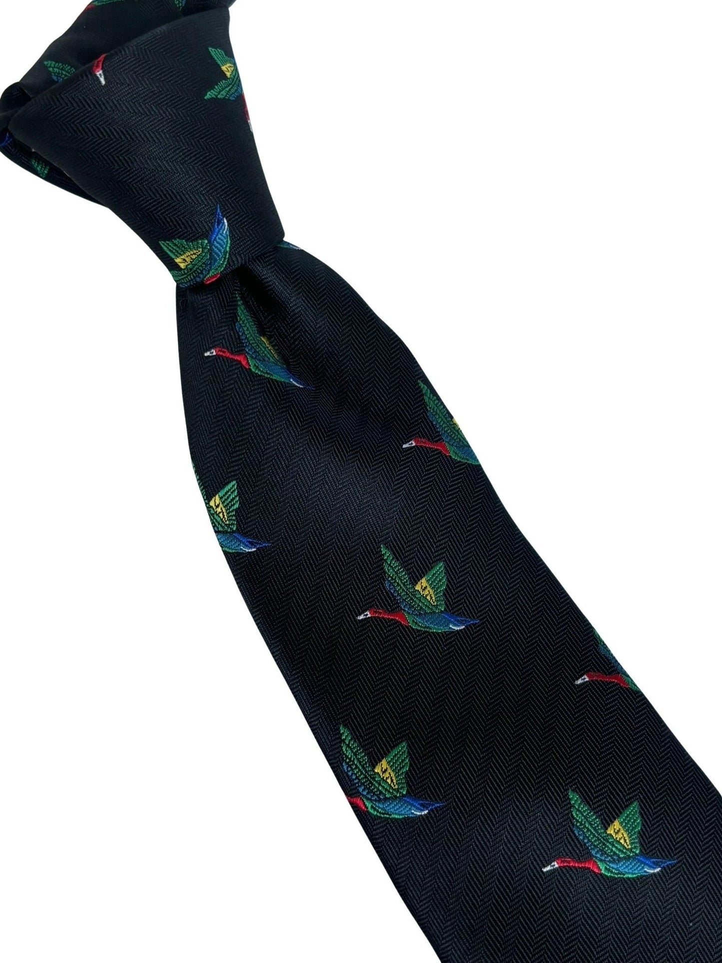 Black Tie With Rainbow-Coloured Egyptian Goose Macaw Bird - Handmade Statement Piece For The Luxury Professional by Frederick Thomas Handmade Mens Ties