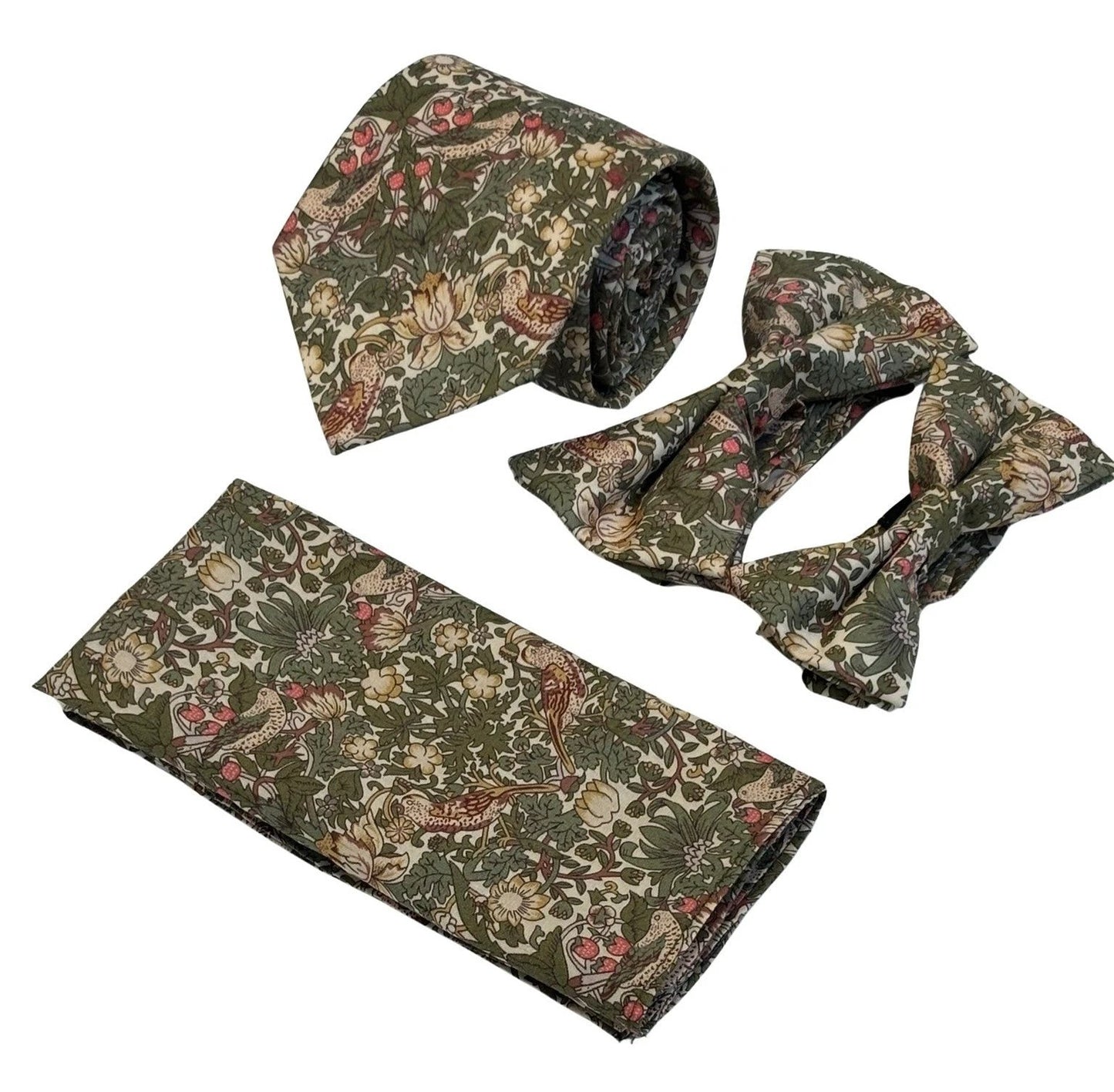William Morris Style Green Strawberry Thief Bow Tie for Children - Whimsical English Garden Pattern by Frederick Thomas Handmade Mens Ties