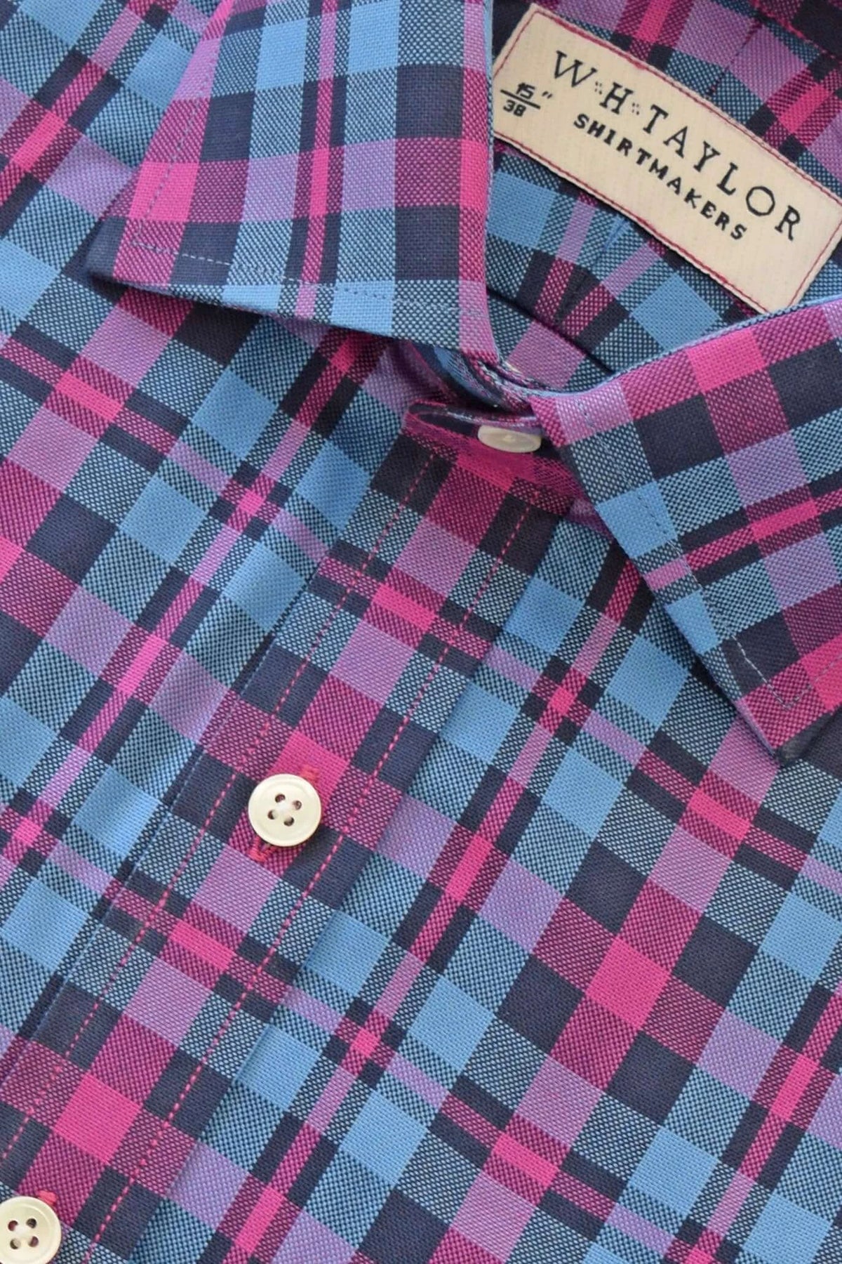 Blue & Cerise Plaid Check Twill Men's Bespoke Shirt - Vibrant Colour With Textured Twill For Versatile Styling by whtshirtmakers.com