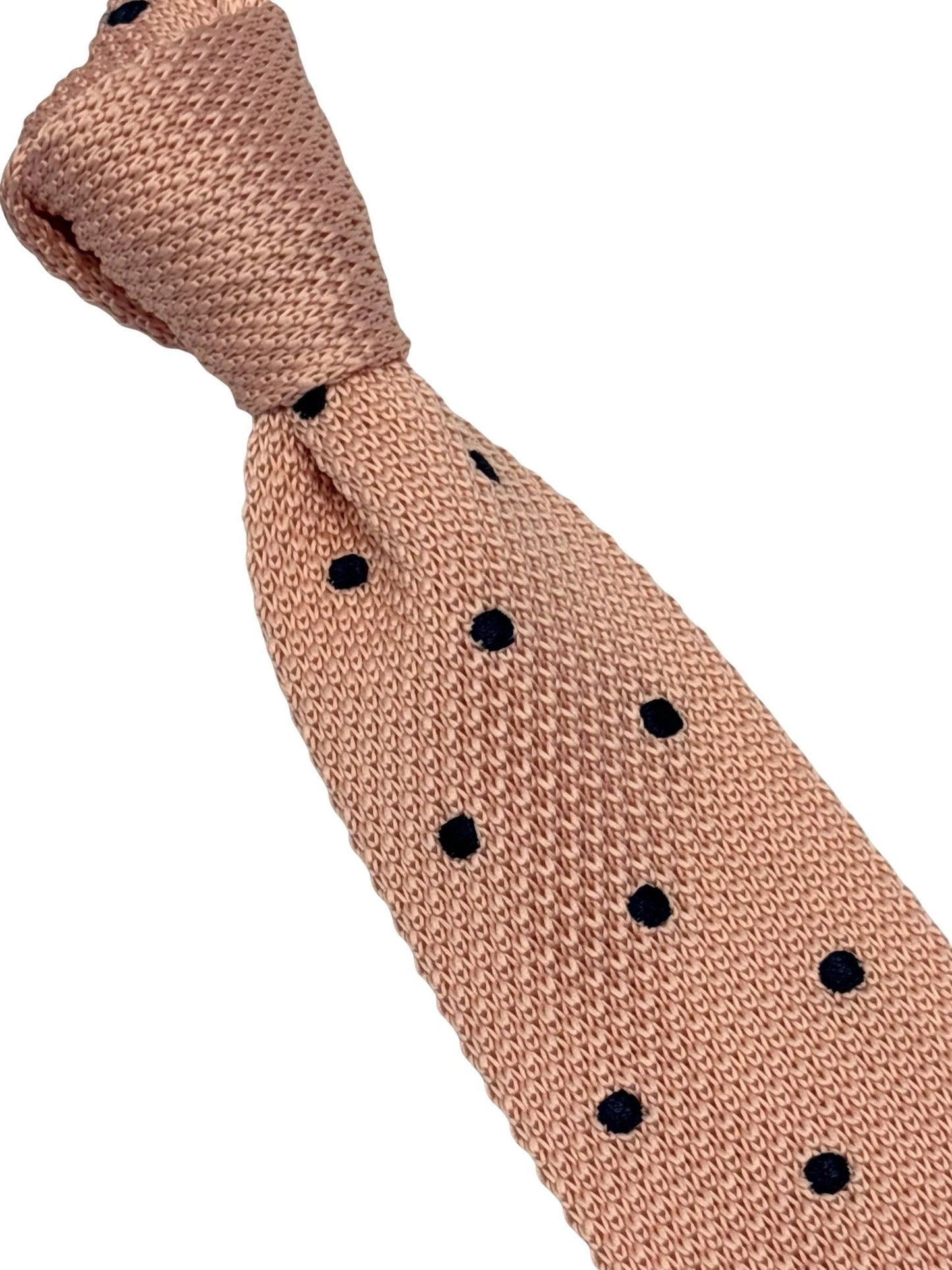 Frederick Thomas Handmade Knitted Tie In Baby Light Pale Pink With Navy Spots - Soft Textured Necktie For Smart Casual by Frederick Thomas Handmade Mens Ties