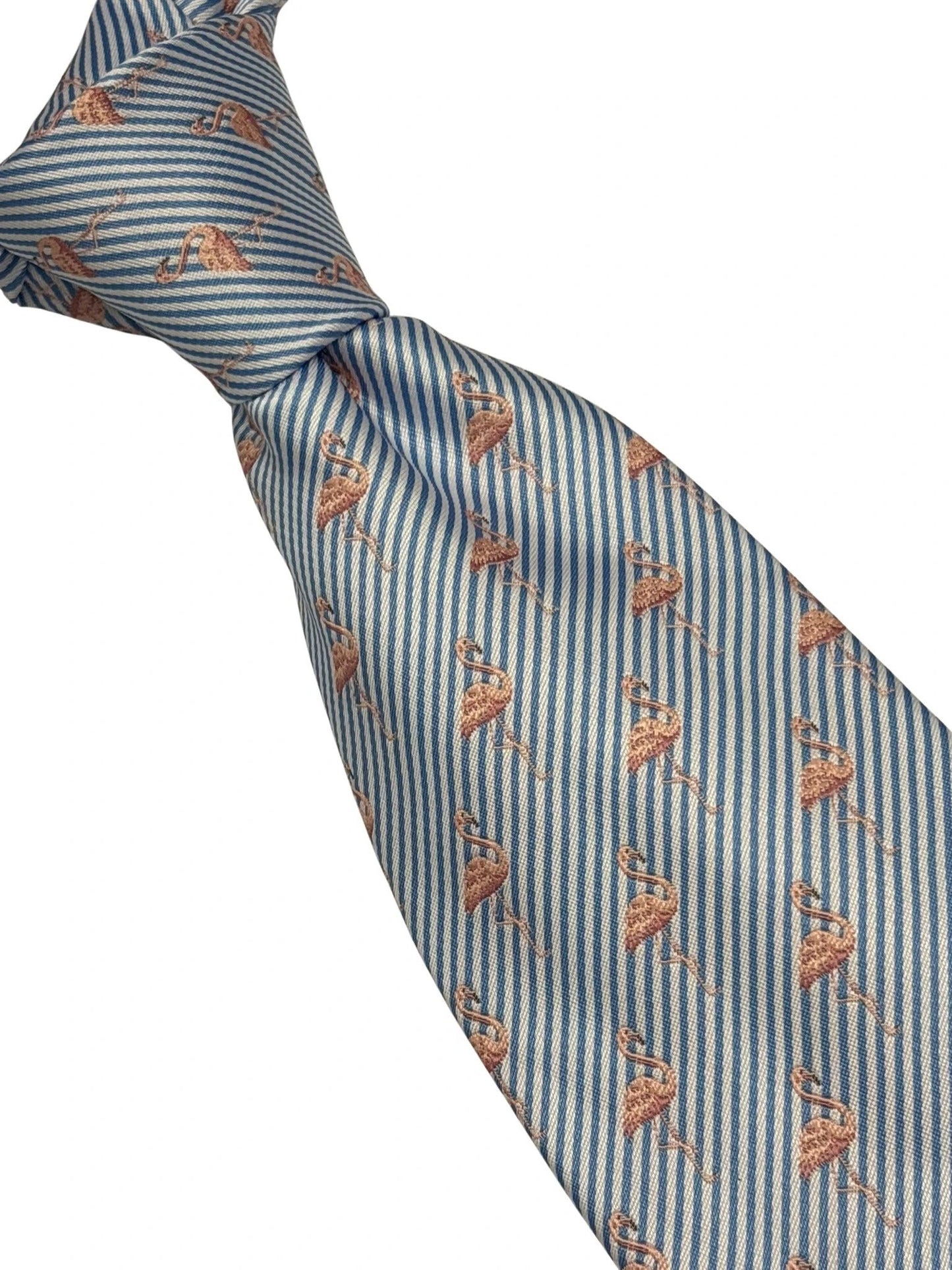 Handmade Light Blue And White Pin Stripe Tie With Pink Flamingo Design - Polished Statement Piece For Confident Style by Frederick Thomas Handmade Mens Ties