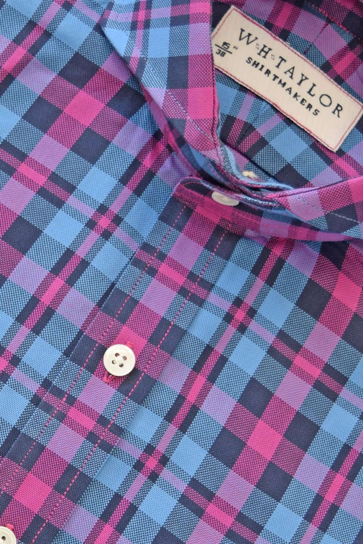 Blue & Cerise Plaid Check Twill Men's Bespoke Shirt - Vibrant Colour With Textured Twill For Versatile Styling by whtshirtmakers.com