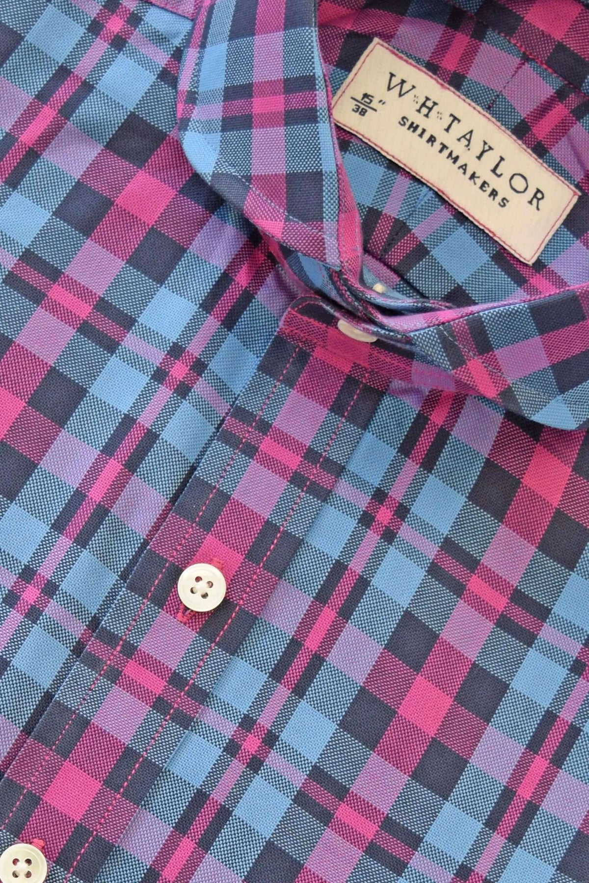 Blue & Cerise Plaid Check Twill Men's Bespoke Shirt - Vibrant Colour With Textured Twill For Versatile Styling by whtshirtmakers.com