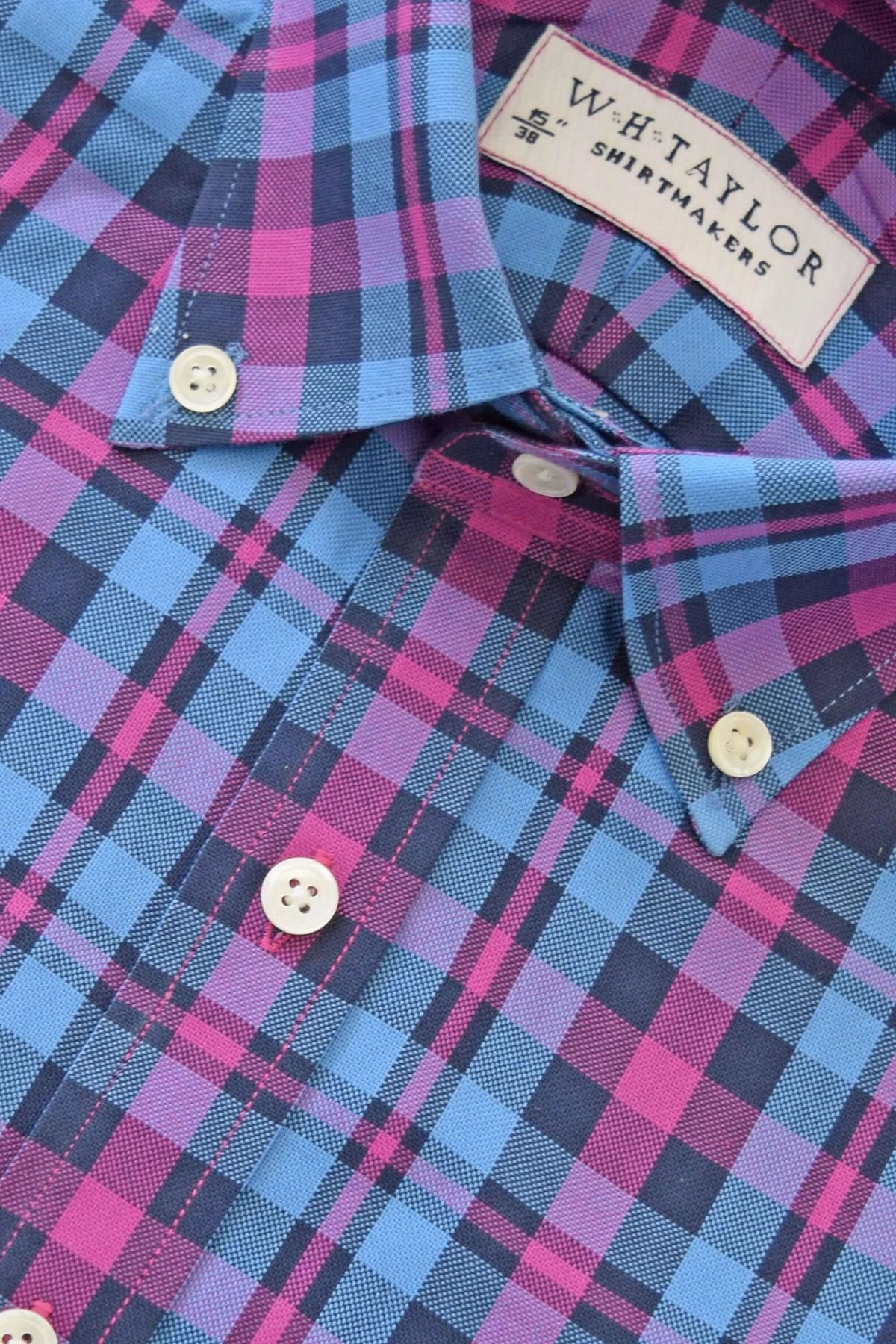 Blue & Cerise Plaid Check Twill Men's Bespoke Shirt - Vibrant Colour With Textured Twill For Versatile Styling by whtshirtmakers.com