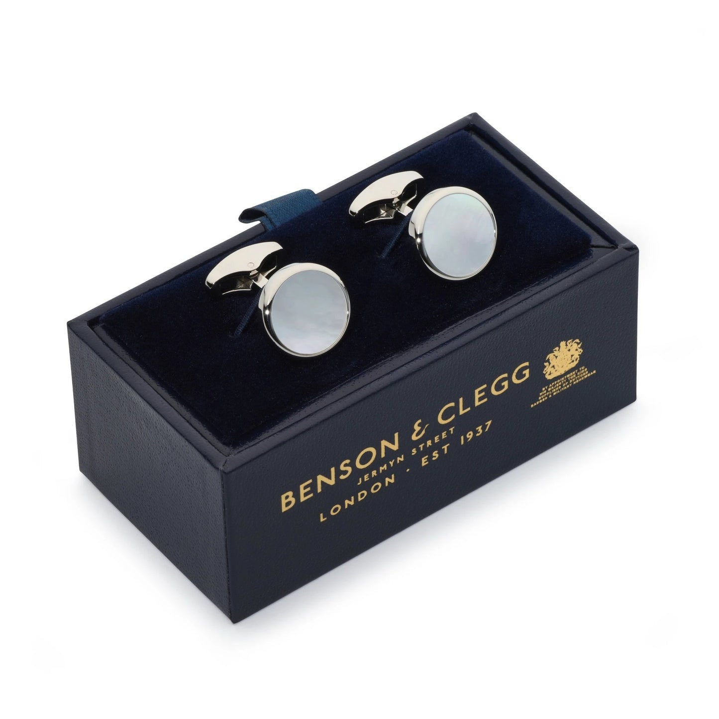 Mother Of Pearl Round Cufflinks In Silver by Benson & Clegg