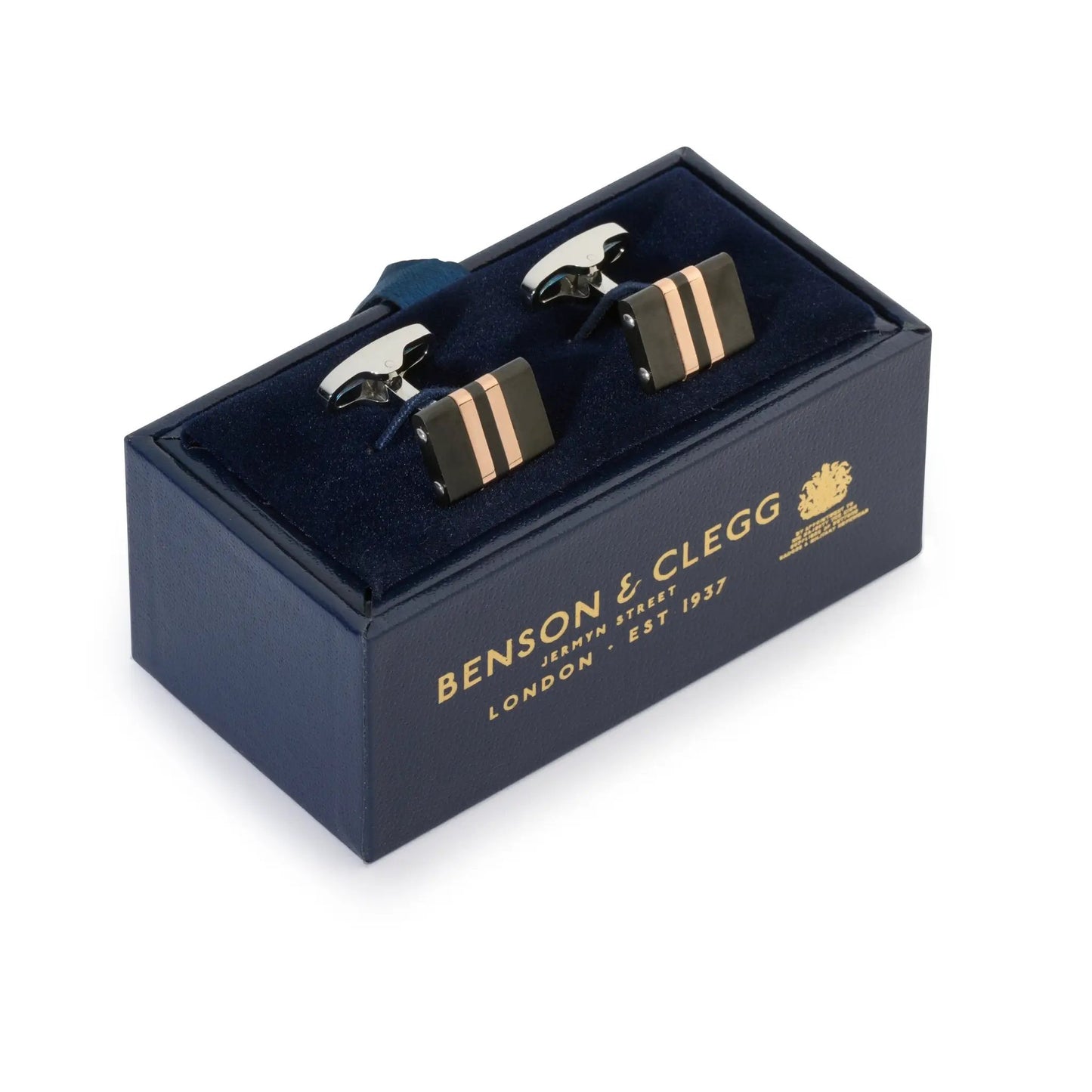 Stratos Cufflinks in Rose Gold & Black by Benson & Clegg