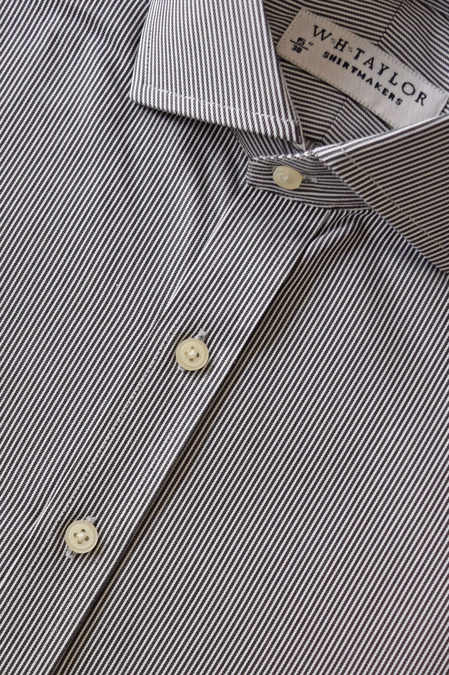 Black & White Narrow Stripe Twill Men's Bespoke Shirt with Buttons and Collar Close-up