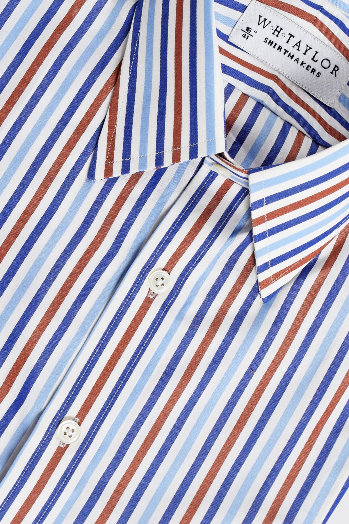W.H Taylor Mens Bespoke Blue, Brown Cotton Poplin Candy Stripe Shirt