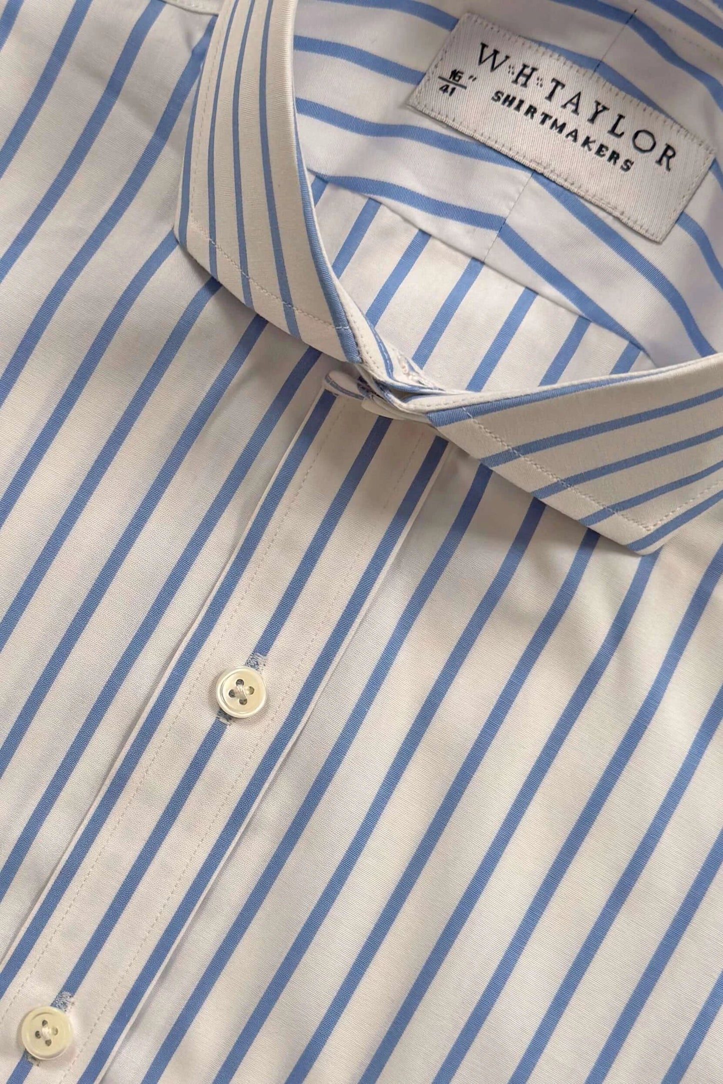 Blue & White Wide Pinstripe Poplin Men's Bespoke Shirt by whtshirtmakers.com