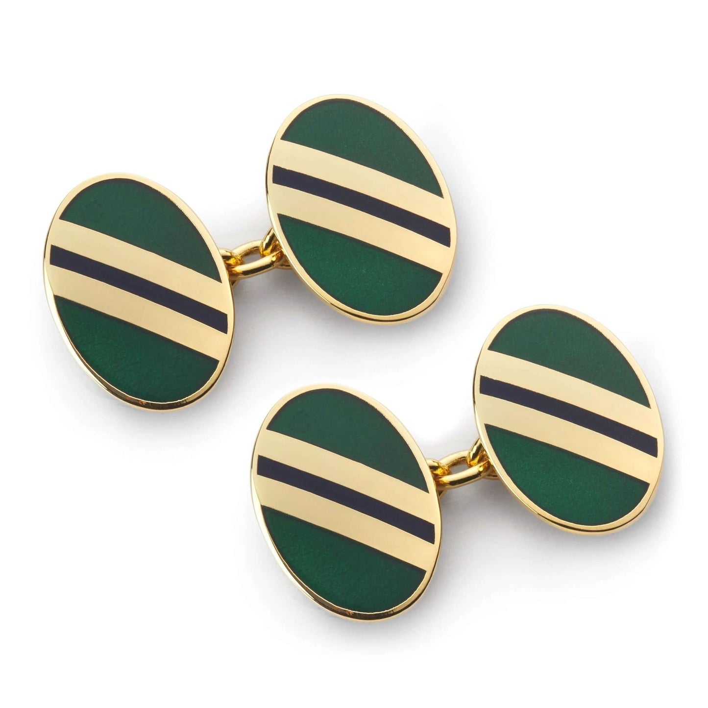 Stripe Chain Cufflinks in Green and Navy Enamel - Handcrafted in England with Vitreous Enamel Finish by Benson & Clegg