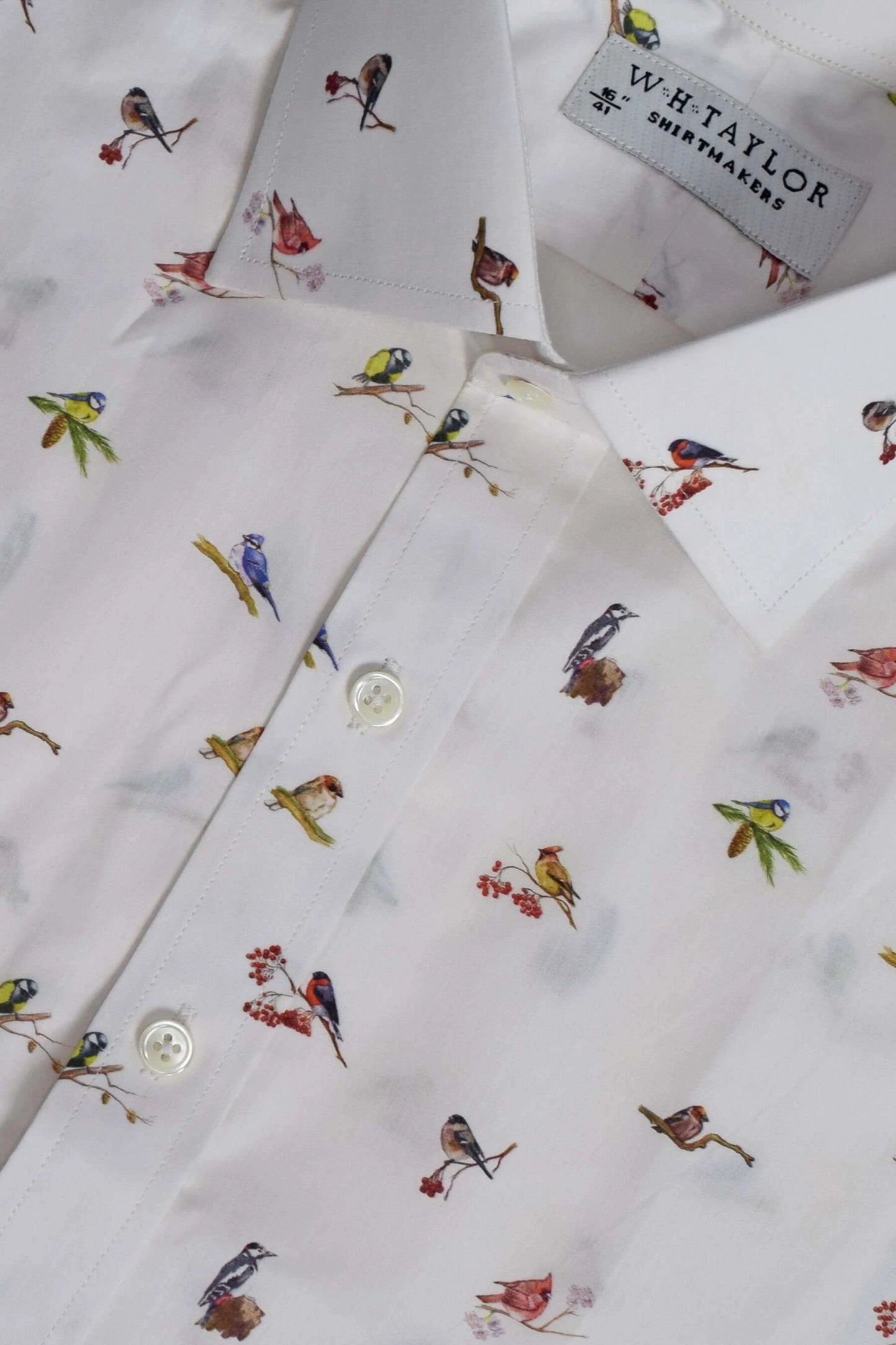 English Bird Pattern White Men's Bespoke Shirt - Tailored for a Perfect Fit and Eye-Catching Comfort by whtshirtmakers.com
