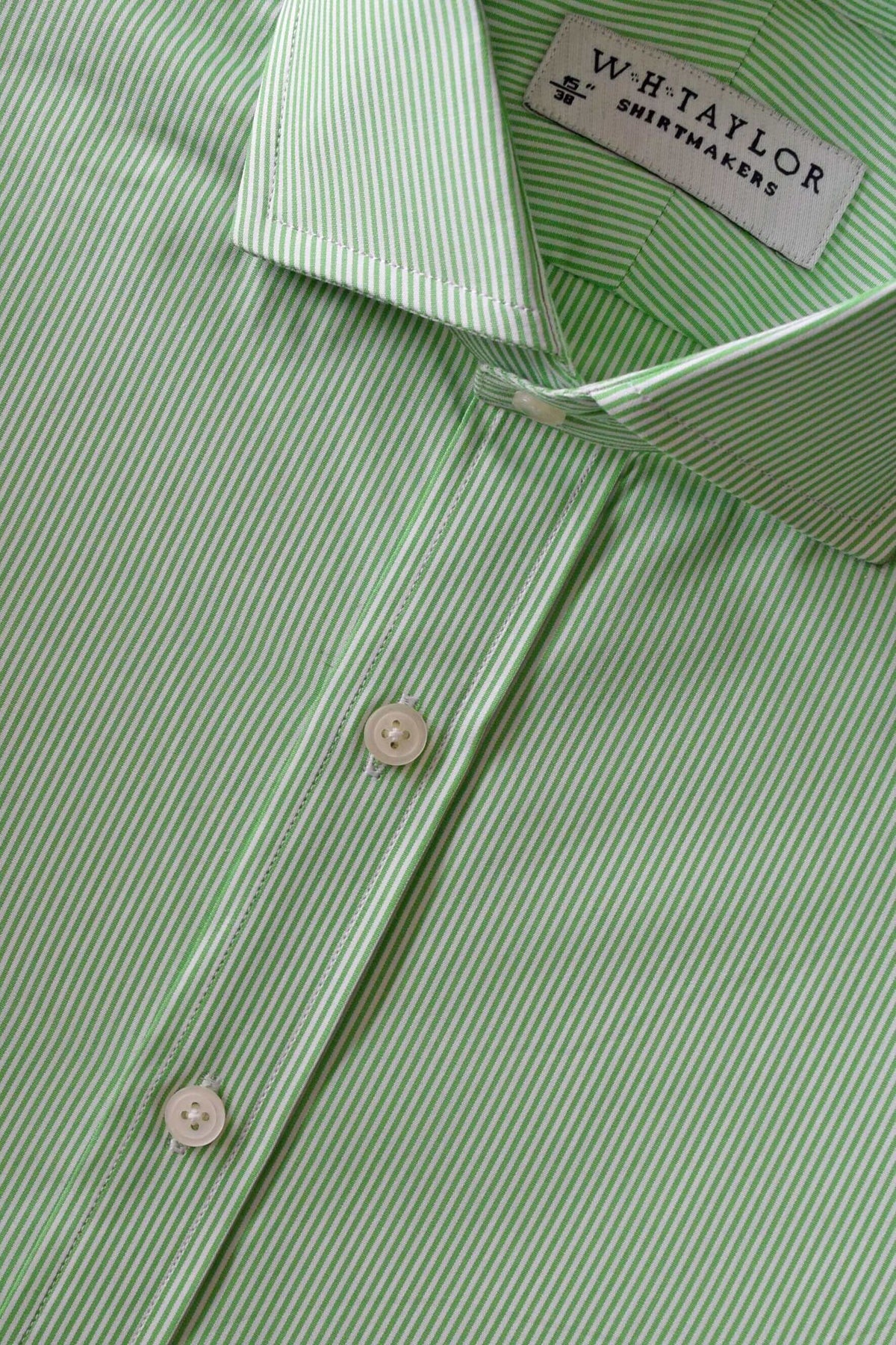 Light green narrow Bengal stripe poplin men's bespoke shirt, 100% cotton, perfect for business or casual summer outfits.