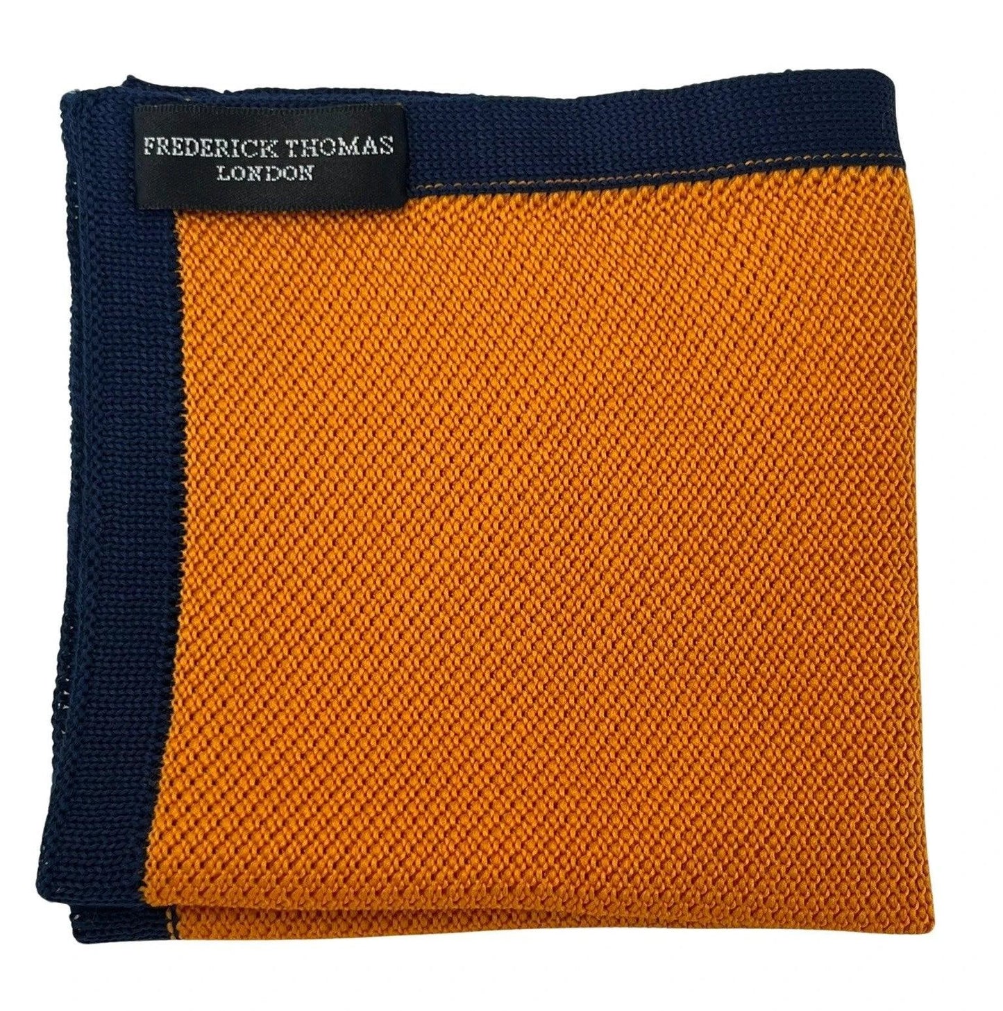 orange knitted pocket square with navy dark blue edging by Frederick Thomas Handmade Mens Ties