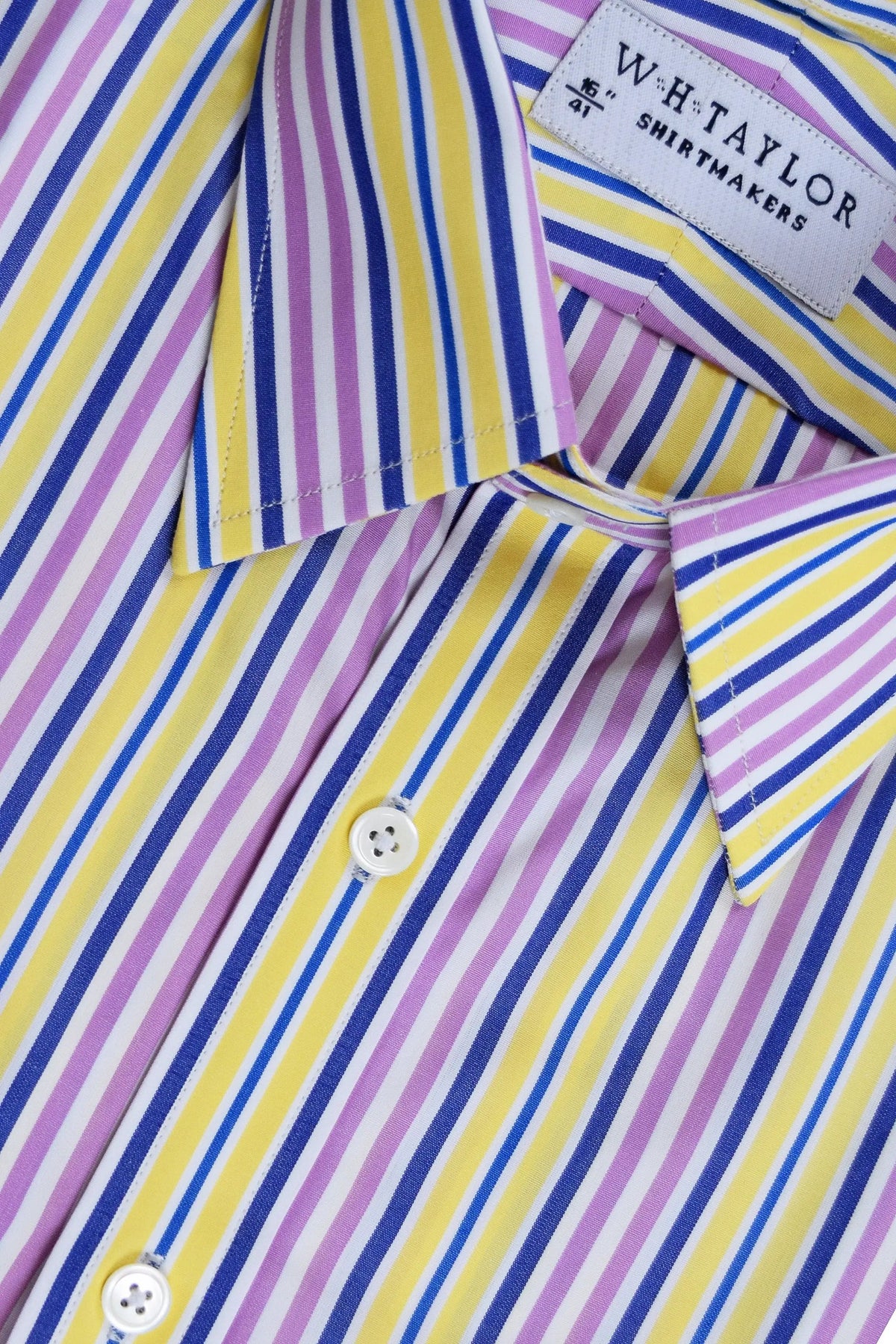WH Taylor Mens Blue Lilac And Yellow Stripe Cotton Poplin Dress Shirt by whtshirtmakers.com