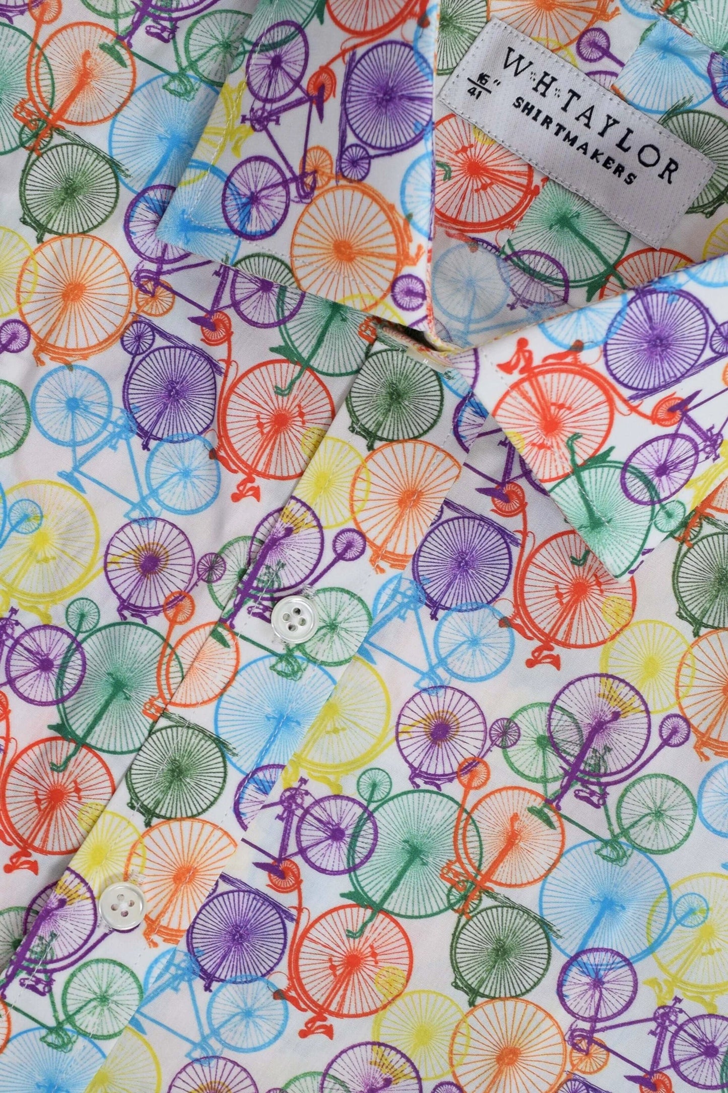 Multi-Coloured Bicycle White Mens Bespoke Shirt - Custom Made To Your Exact Measurements For A Bold Statement by whtshirtmakers.com