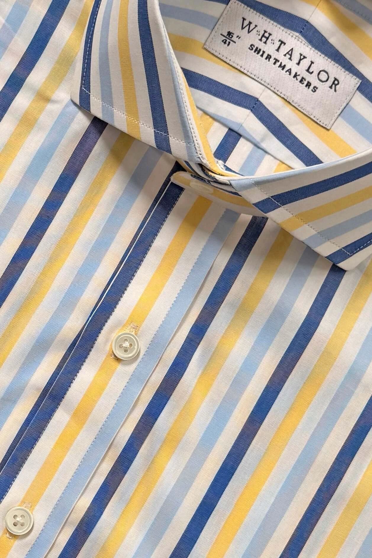 Navy, Sky & Yellow Large Candy Stripe Poplin Mens Bespoke Shirt by whtshirtmakers.com