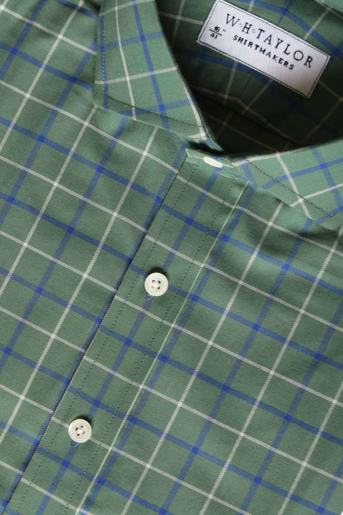 Forest Green Navy White Tattersall Check Twill Men's Bespoke Shirt - Close-up View