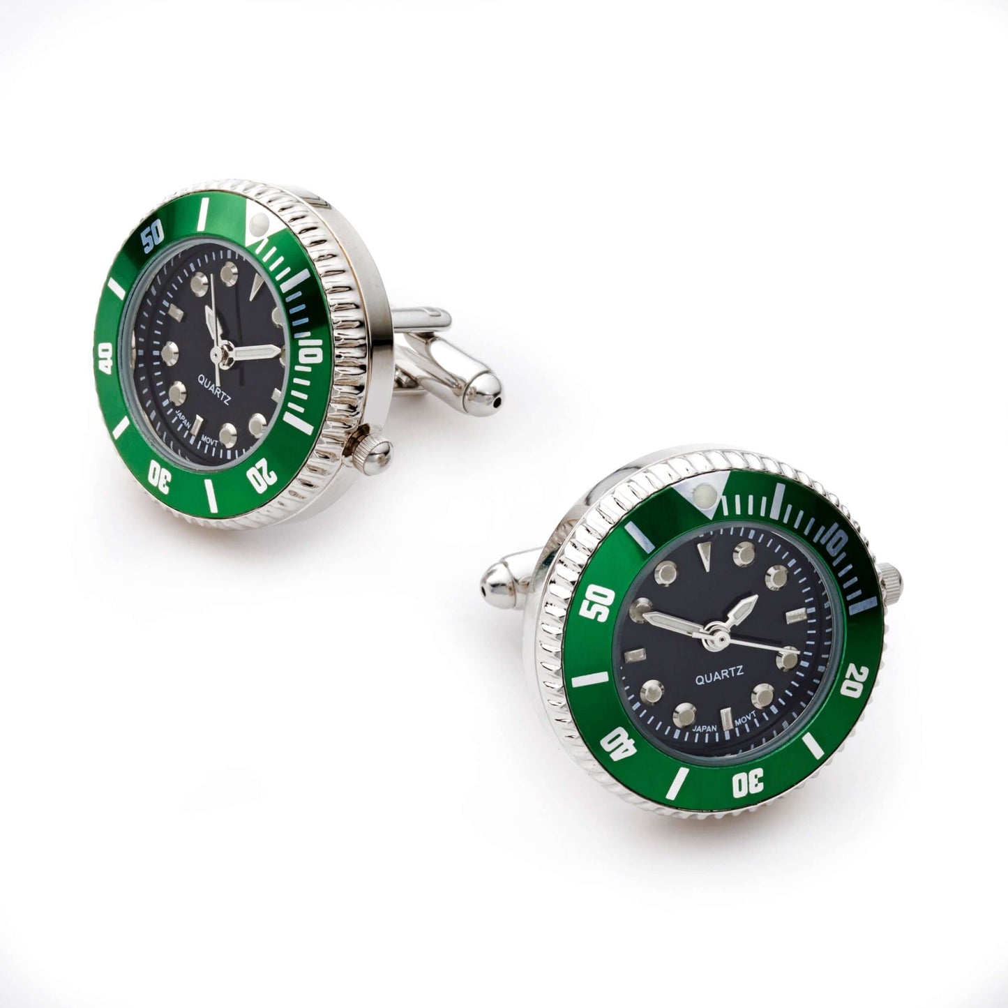Green Working Watch Cufflinks Functional Quartz Movement With Side Crown And Two Year Battery Life Premium Gift Idea by Benson & Clegg
