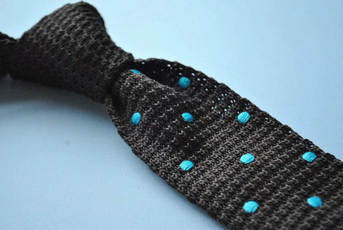 chocolate brown skinny knitted tie with turquoise polka dots by Frederick Thomas Handmade Mens Ties