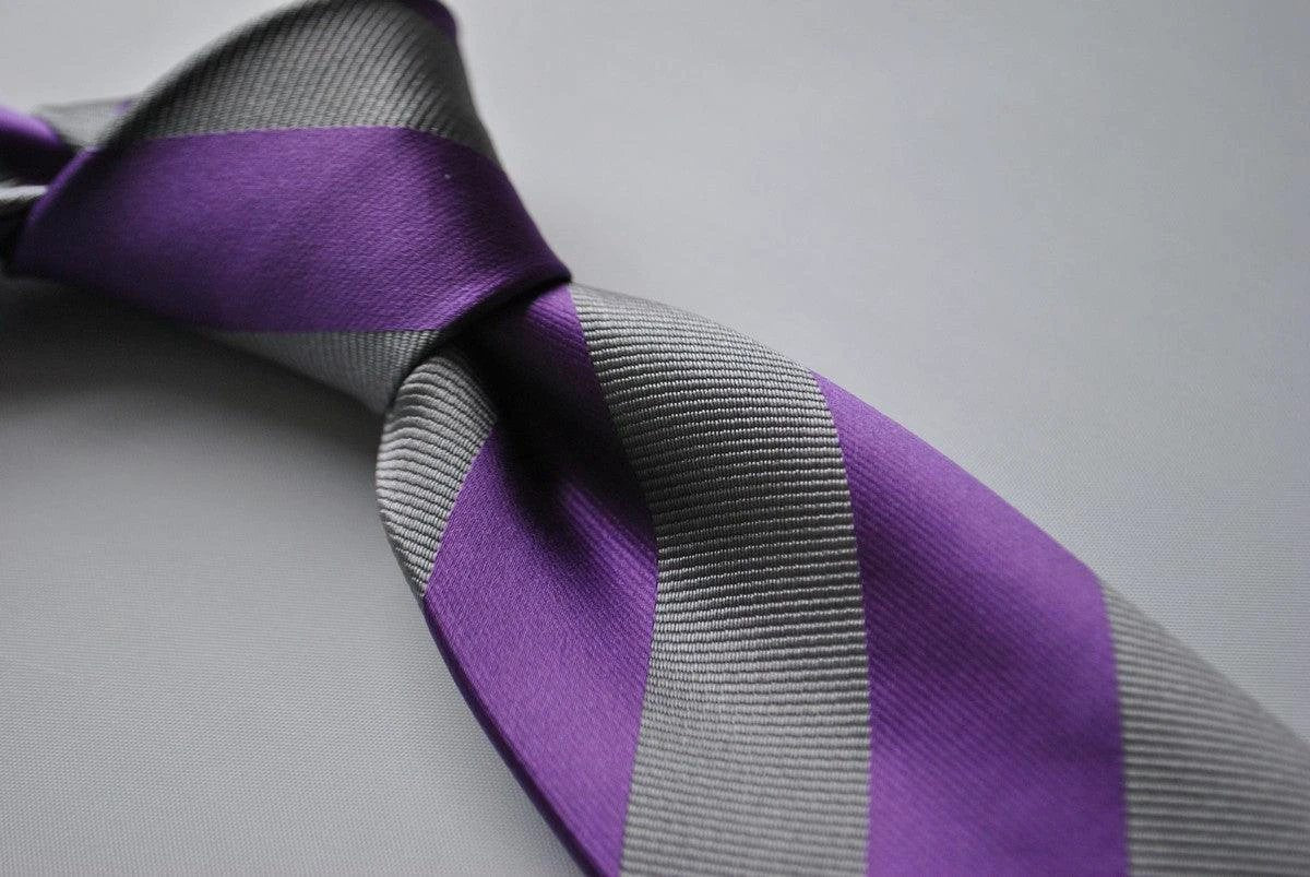 cadbury purple and silver barber striped tie by Frederick Thomas Handmade Mens Ties