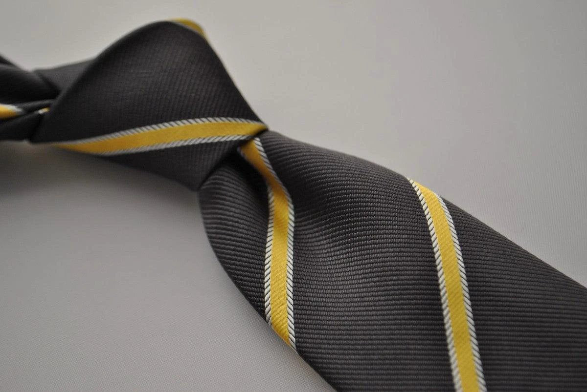 charcoal grey and yellow club striped tie by Frederick Thomas Handmade Mens Ties