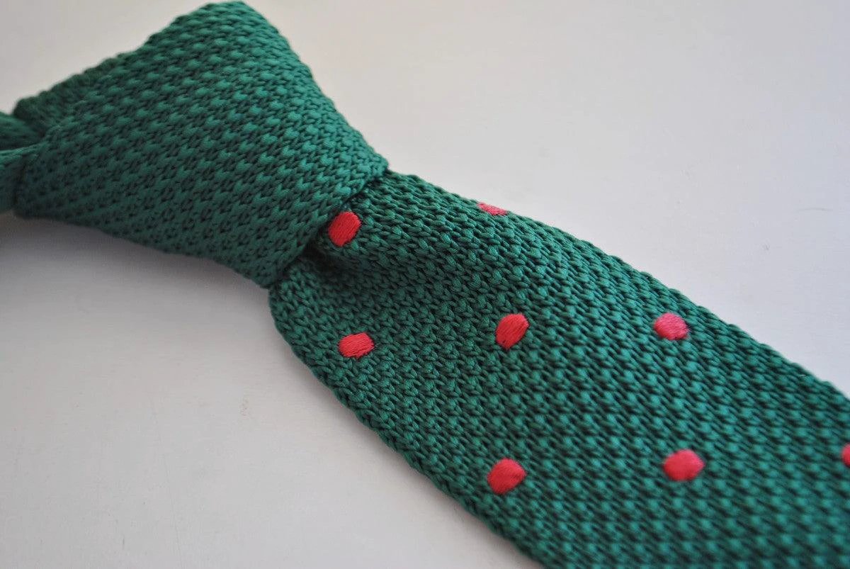 dark green skinny knitted tie with red polka dots by Frederick Thomas Handmade Mens Ties