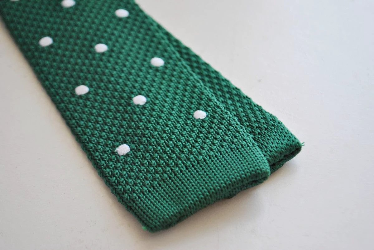 emerald green skinny knitted tie with white polka dots by Frederick Thomas Handmade Mens Ties