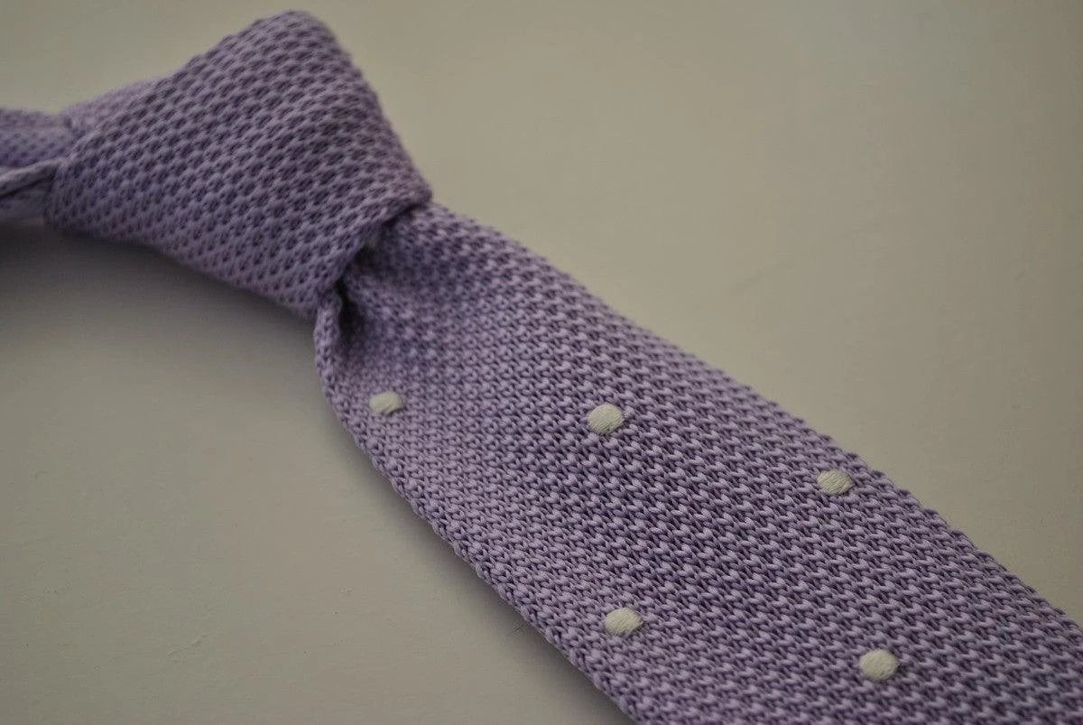 lavender purple skinny knitted tie with white polka dots by Frederick Thomas Handmade Mens Ties