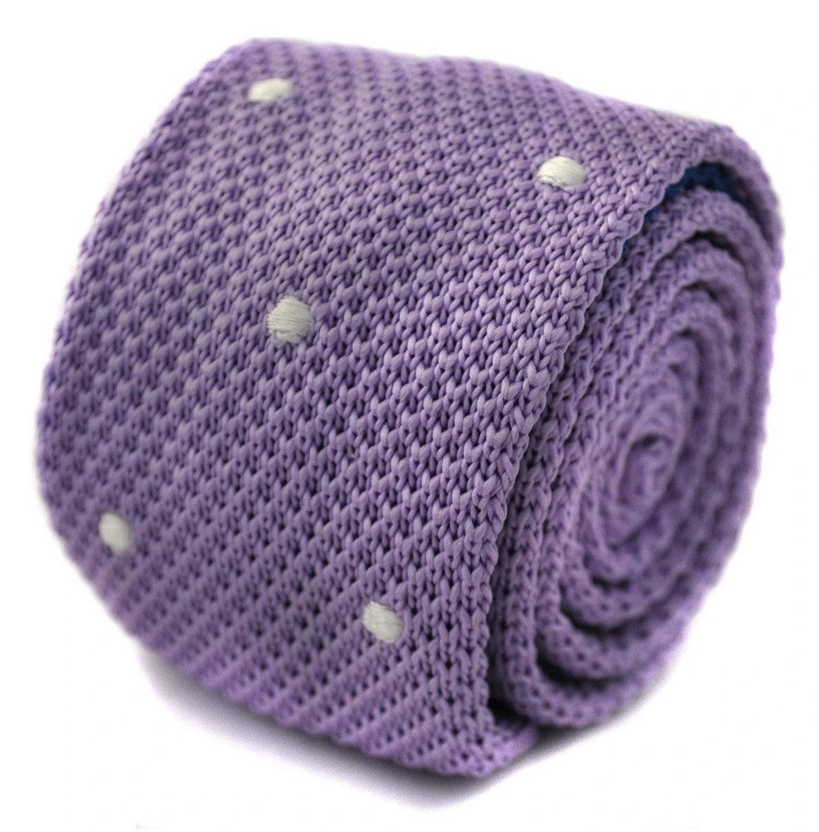 lavender purple skinny knitted tie with white polka dots by Frederick Thomas Handmade Mens Ties