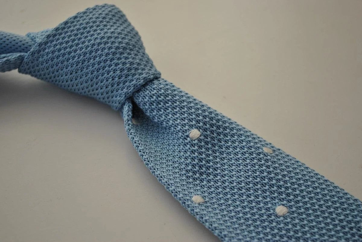 light blue tie skinny knitted tie with white polka dots by Frederick Thomas Handmade Mens Ties