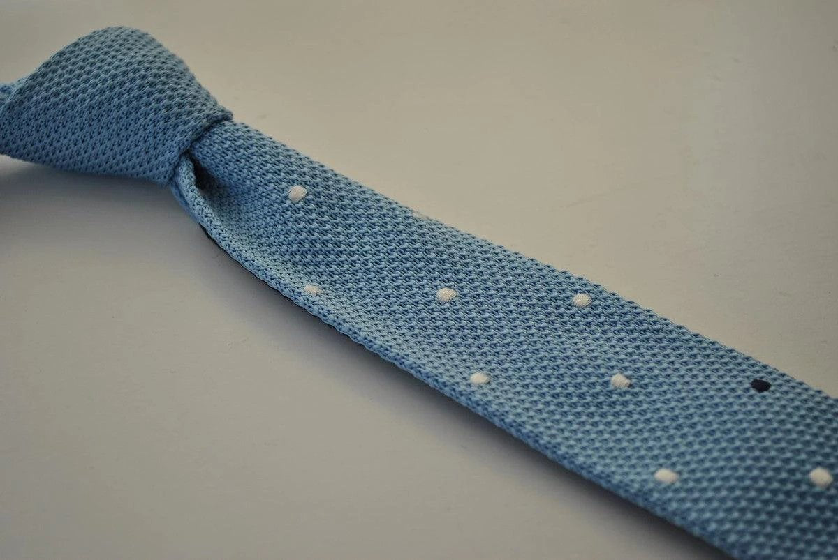 light blue tie skinny knitted tie with white polka dots by Frederick Thomas Handmade Mens Ties