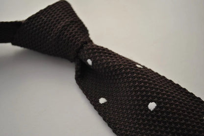 chocolate brown skinny knitted tie with white polka dots by Frederick Thomas Handmade Mens Ties