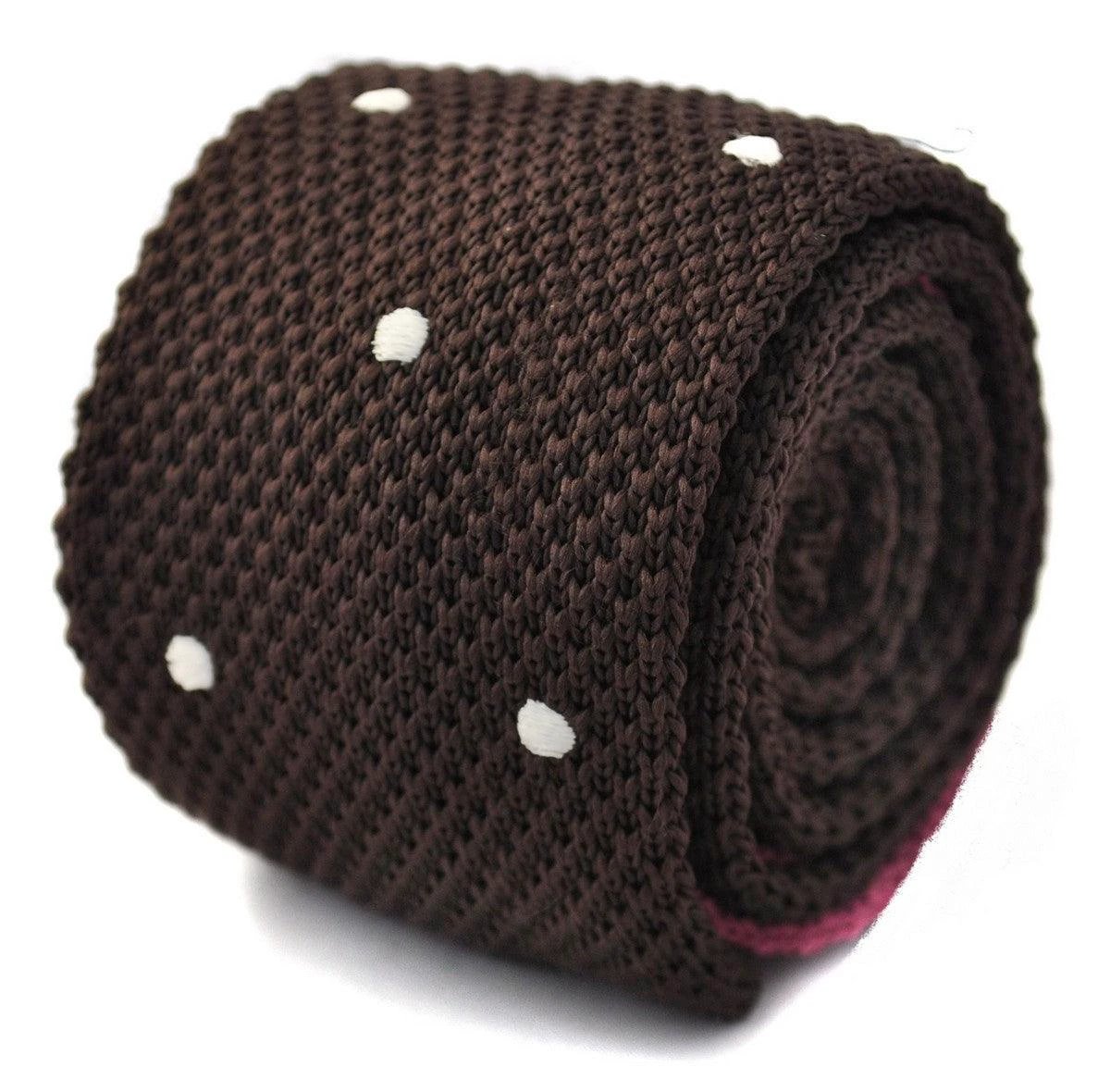 chocolate brown skinny knitted tie with white polka dots by Frederick Thomas Handmade Mens Ties
