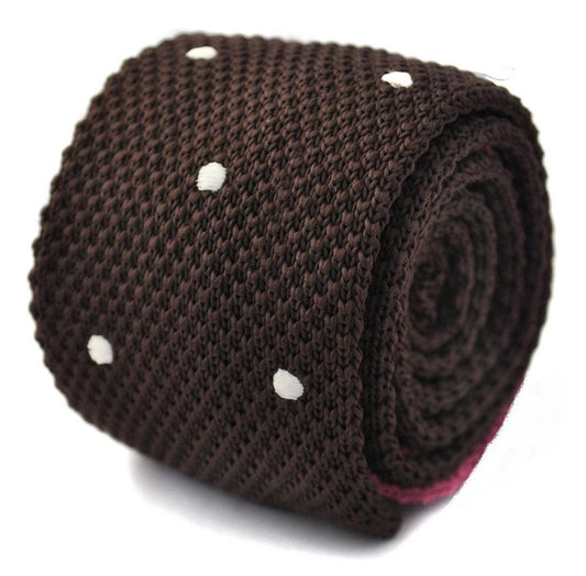 chocolate brown skinny knitted tie with white polka dots by Frederick Thomas Handmade Mens Ties