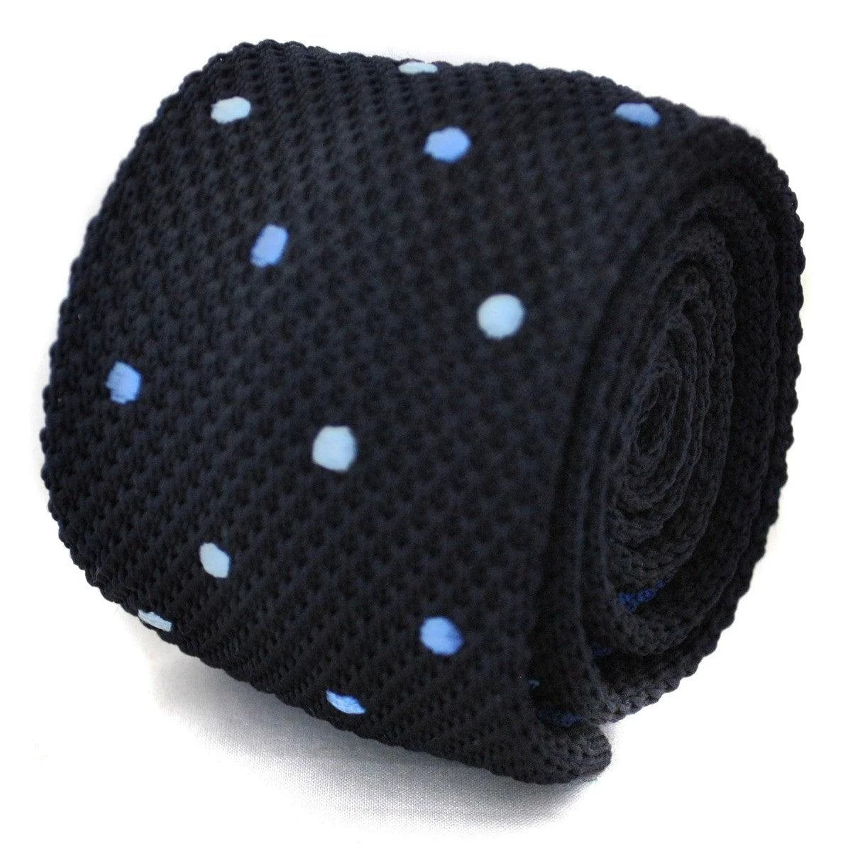 navy blue skinny knitted tie with light blue polka dots by Frederick Thomas Handmade Mens Ties