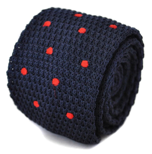 navy blue skinny knitted tie with red polka dots design by Frederick Thomas Handmade Mens Ties